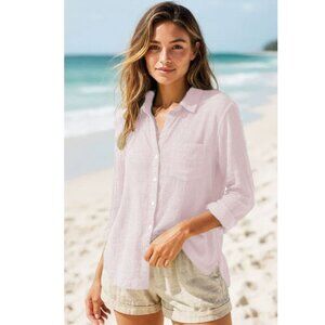 Sigrid Olsen pure linen split neck button front shirt Pale Pastel Pink Medium